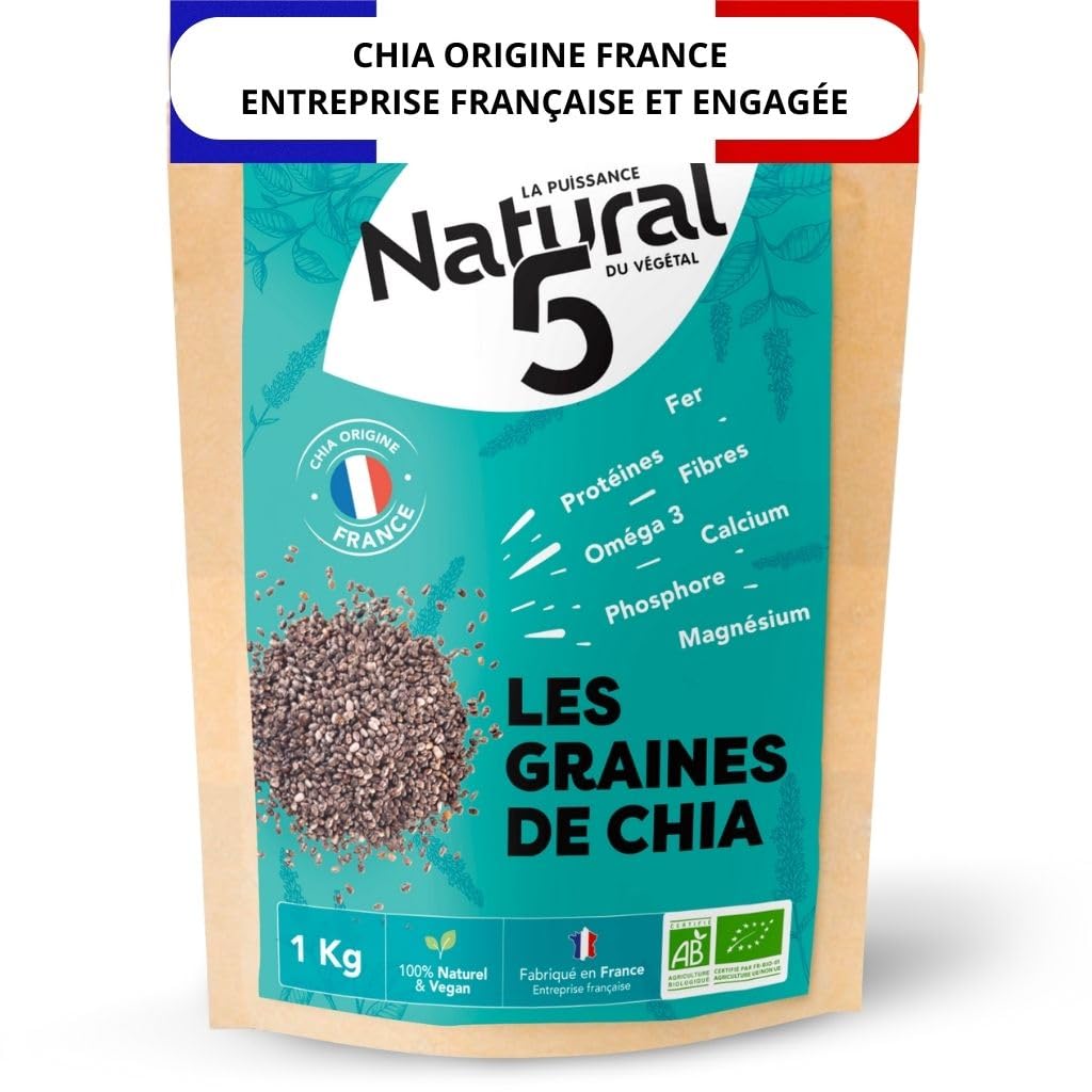 GRAINES DE CHIA BIO CULTIVEES EN FRANCE -1KG Riches en Protéines, Omega3 et fibres. Qualité Supérieure France. Efficacité Minceur, transit. Régule l'appétit. Chia seeds idéales salades, smoothies.