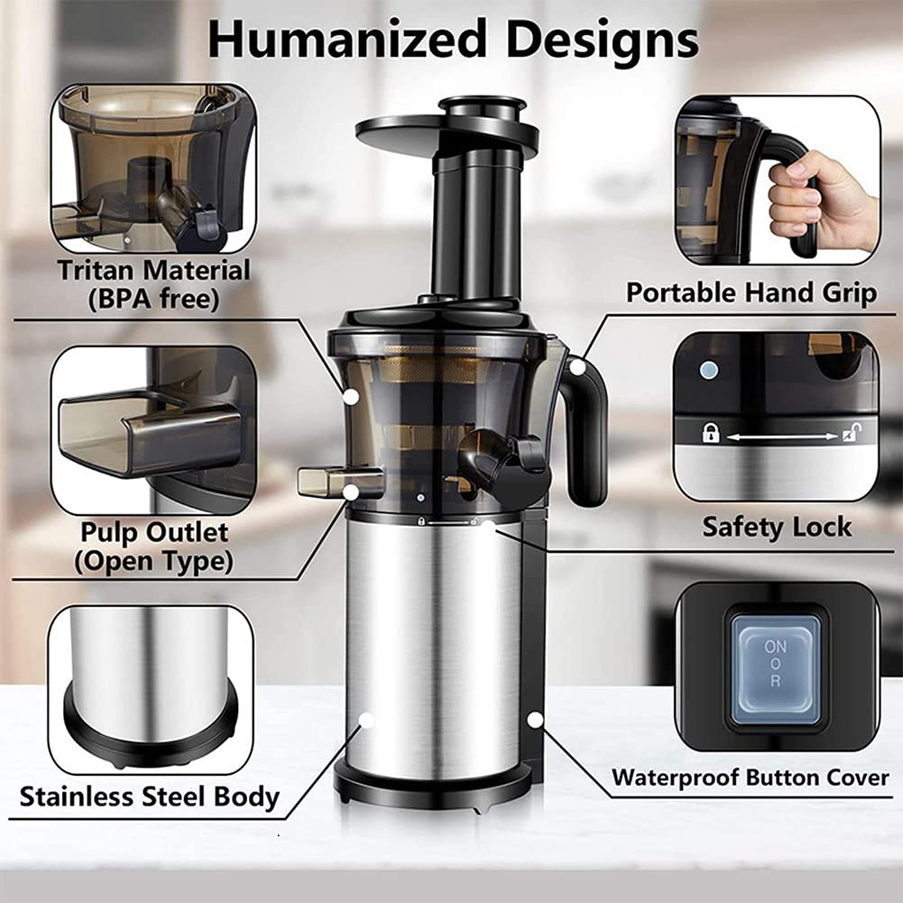 Licuadora de prensado en frío - 200 W, Acero Inoxidable, Baja Velocidad, máquina para extraer Jugo de Frutas, Verduras, sorbetes y Helados - Libre de BPA, Alto Rendimiento de Jugo