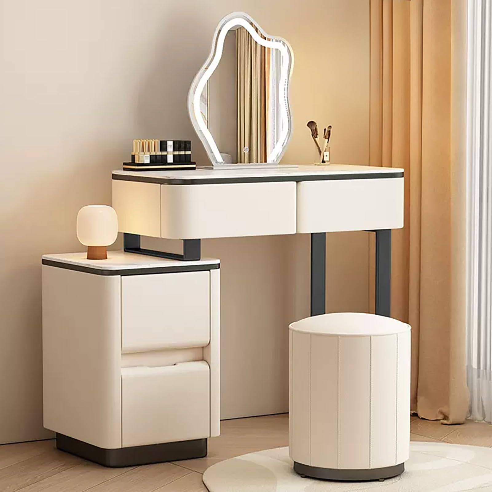 CGCSYZ Vanity Table Set, with Side Cabinets and Round Stool, Dressing Table with Mirror, Makeup Vanity Desk, Microfiber Leather Finish, Slate Tabletop, Carbon Steel Legs(Beige-70cm/27.5in)