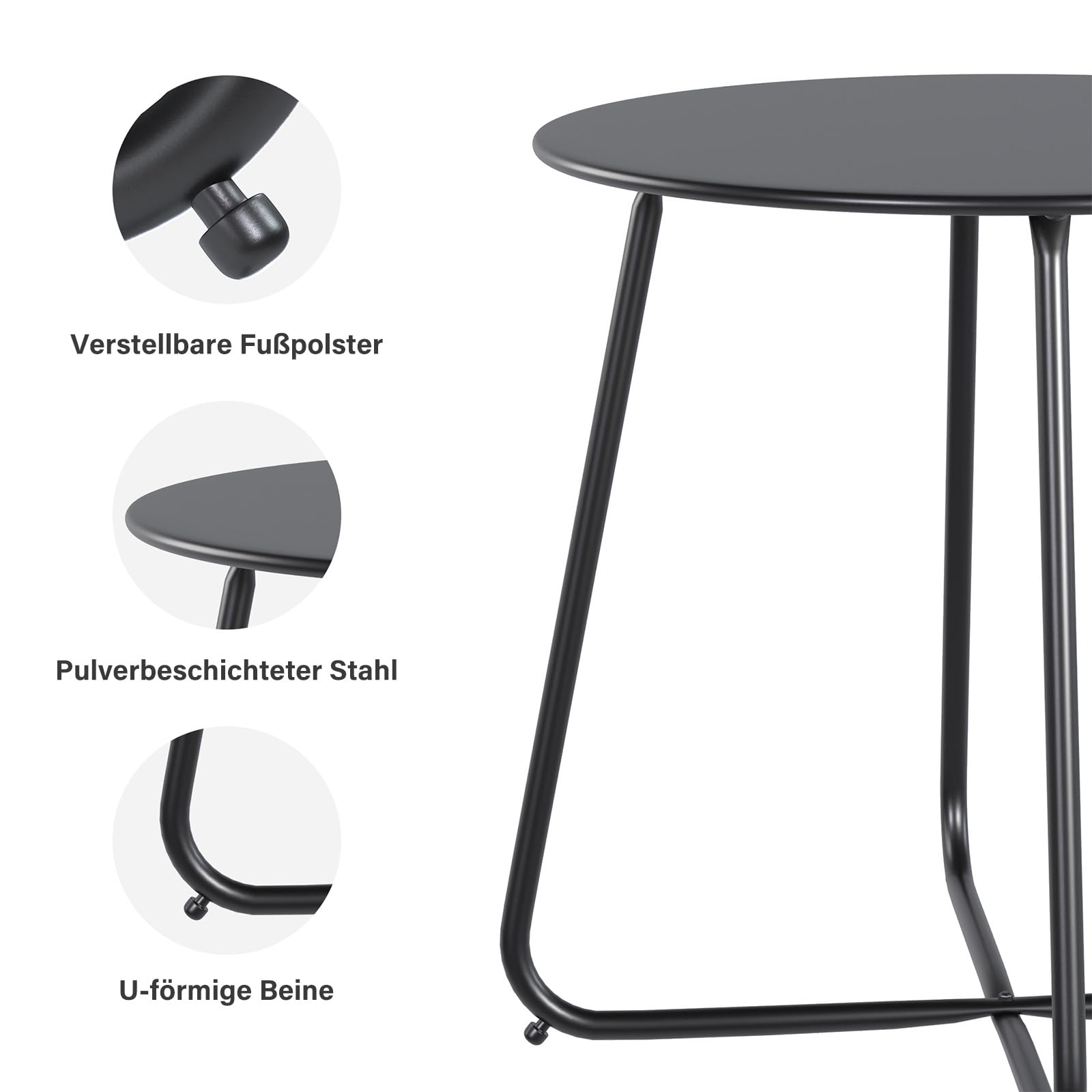 Table d'appoint d'extérieur de 46 cm - Petite table ronde avec pieds réglables - Table basse en acier revêtu par pulvérisation pour terrasse, balcon, véranda et jardin - Noir