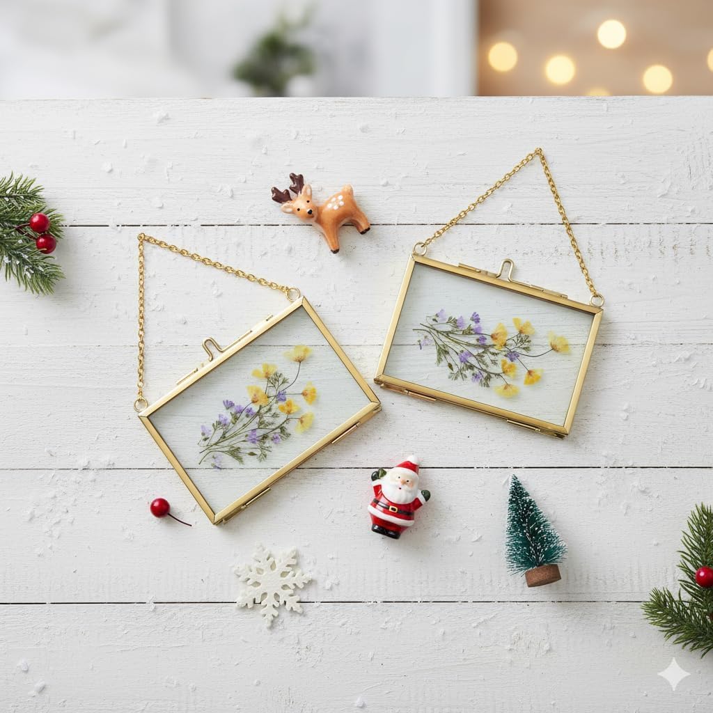 20 Pcs Double Glass Frame for Pressed Flowers,Floating Hanging Photo Christmas Ornaments Frame Brass Frames with Chain for Wall Display Gallery Artwork,Clear Vertical Horizontal Display for Botanical Art,Picture,Stamps,Gallery Decor,Gold