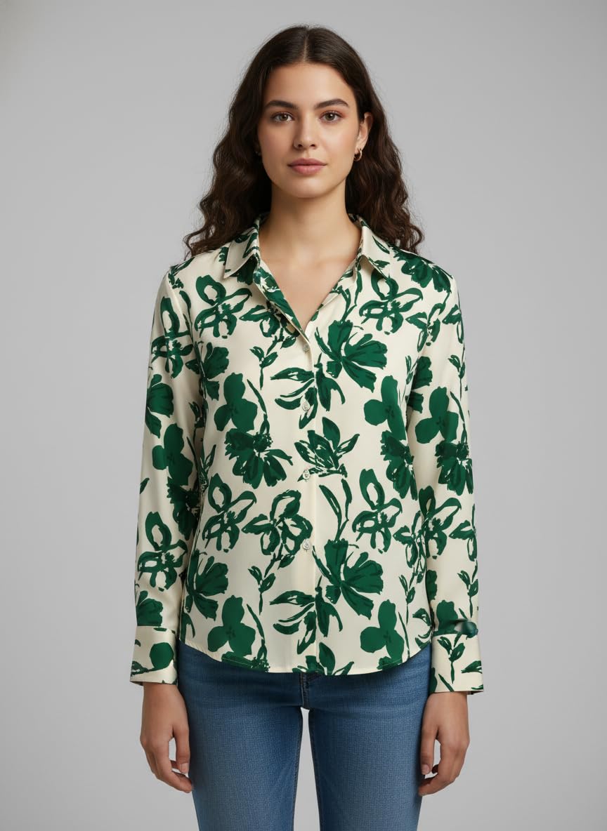 ANNI Designer Bedrucktes Damenhemd aus Baumwollmischgewebe, langärmelig, normale Passform, Hemdkragen, legere Bürokleidung, elegante Western-Kleidung für den Alltag, Hochzeit, Party