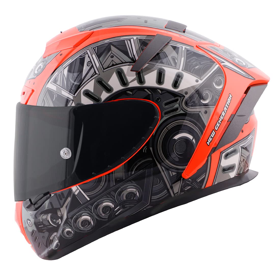 Steelbird SA-2 Terminator 2.0 Aeronautics Full Face Graphic Helmet (Medium 580mm, Glossy Fluo Red Grey with Clear Visor and Extra Smoke Visor), Thermoplastic