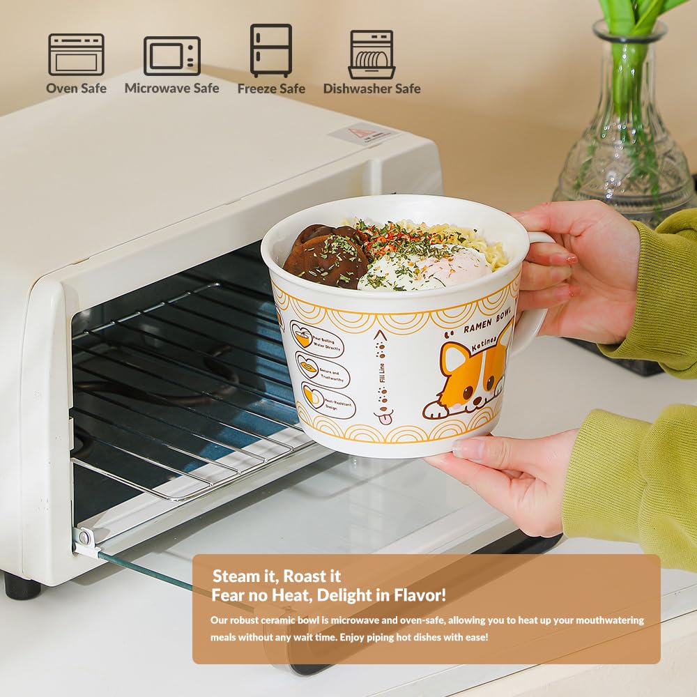 Ketinea 34oz Ceramic Ramen Bowl Set Charming, Lid, Handle, and Stainless Steel Chopsticks Elevate Your Noodle Experience Ideal Gift for Teens and Kids ()