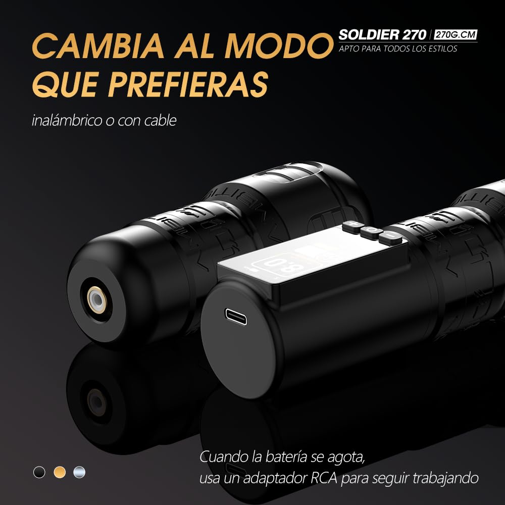 Ambition Soldier 270 Máquina de Tatuar Rotativa Inalámbrica con 270 g·cm de Torque, Motor sin Escobillas, Carrera 4.0mm y Batería Táctil Dual 2400mAh para Profesionales