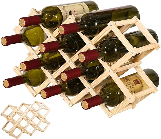 QUCUMER Wooden Wine Rack, Foldable Wine Storage Organizer 10 Slot Foldable Wine Rack Table Free Standing Bottle Racks Foldable Wine Shelves for Home Kitchen Bar Cabinets