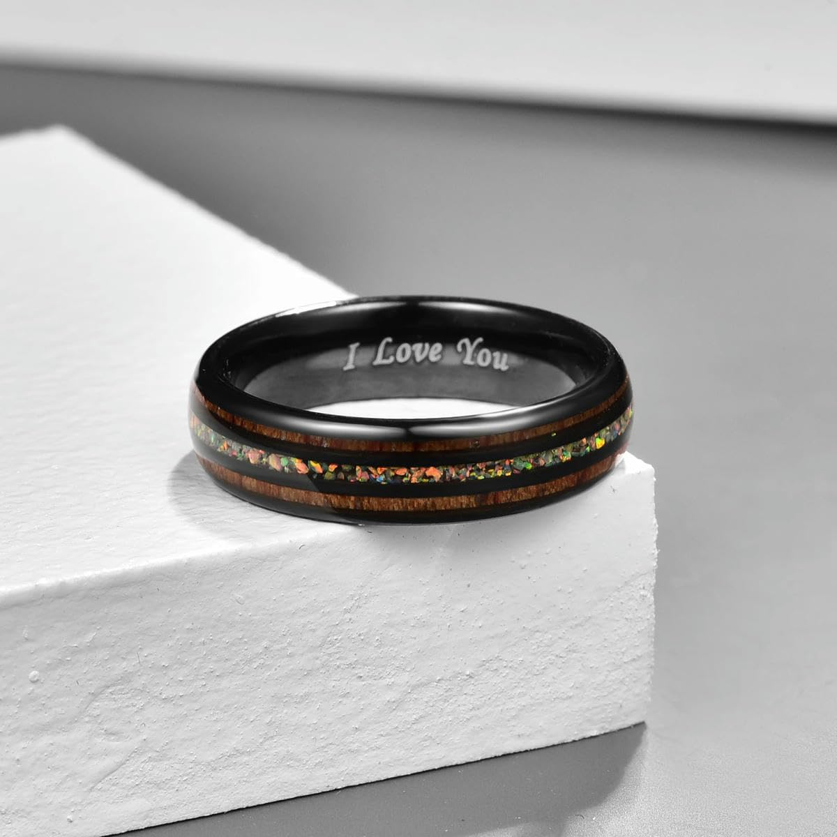 Anillo de carburo de tungsteno de 6 mm Ópalo Hawái Madera de koa Komaru Ancho Color Arco Iris Hombre Mujer Anillo I Love You
