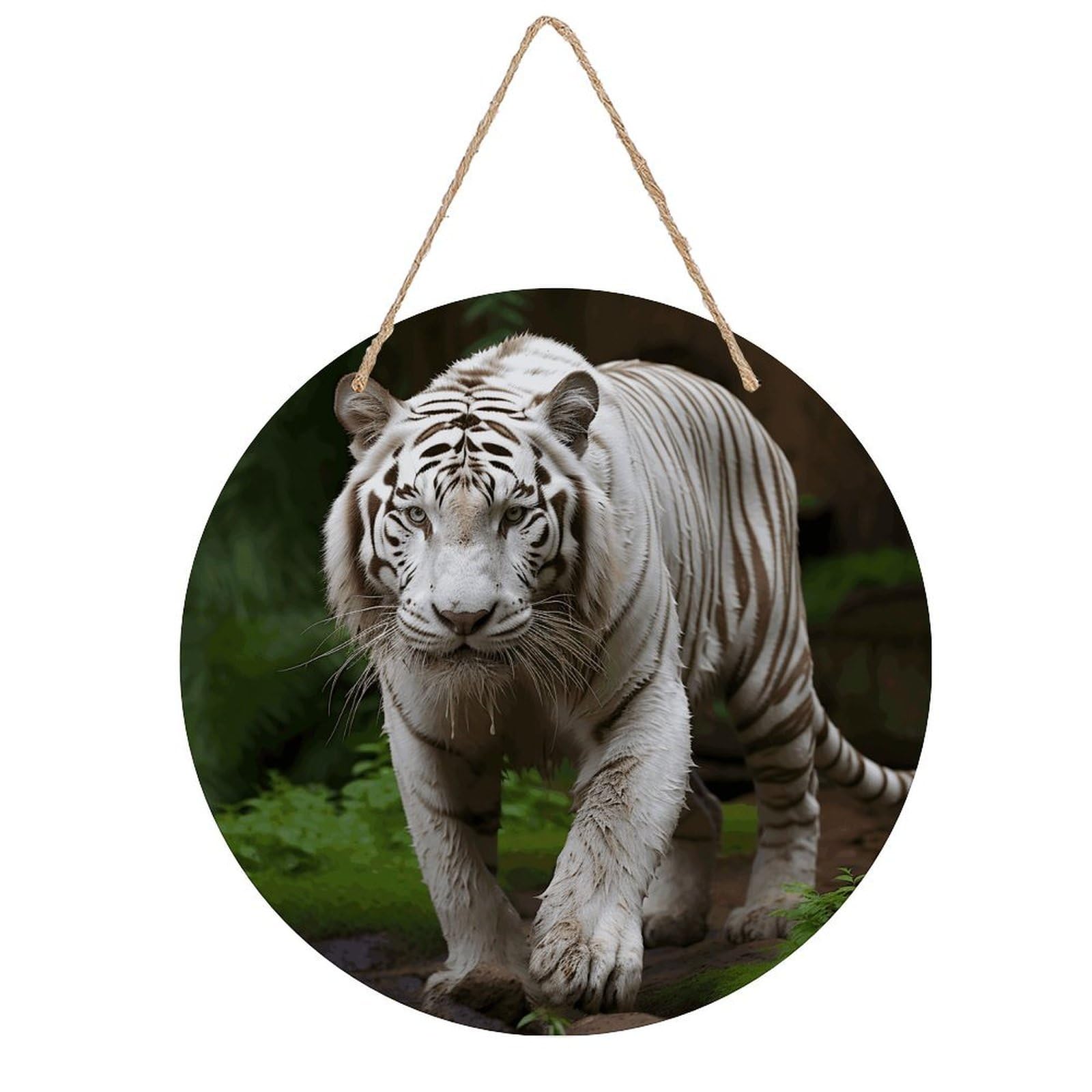 VstaDank Majestic White Bengal Tiger Wall Art Decor with Ropes Wooden Hanging Sign Hanging Wall Decor Artwork Round Wood Painting Modern Wall Prints Decor Picture for Office Bar Home Decors