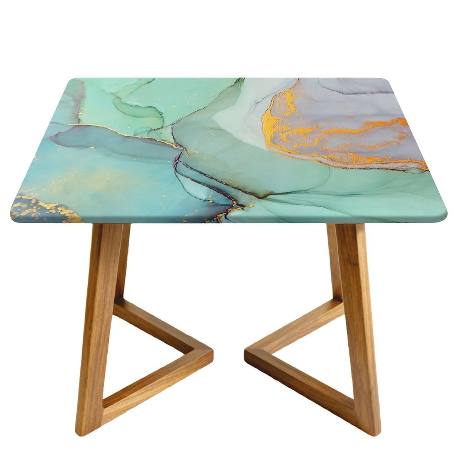 Morbuy Waterproof Oxford Cloth Tablecloth Cover, Elastic Square Fitted Tables for Kitchen/Garden, 3D Marble Print Stain-Resistant Table Cover (Green Gold,140x140cm)