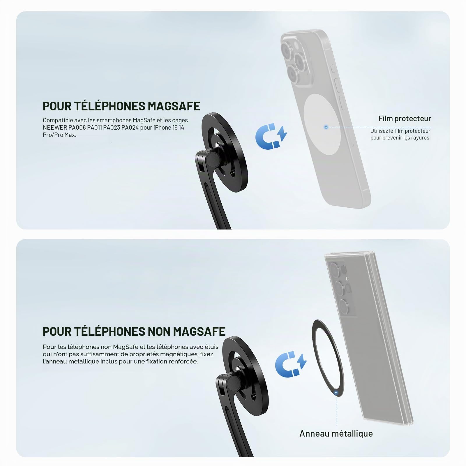 Neewer Support de Cou magnétique pour caméra/téléphone, Mains Libres,Support de Poitrine Compatible avec GoPro DJI Insta360 iPhone15 Android, Support de Cou pour téléphone pour POV Vlog, Gris, GP16