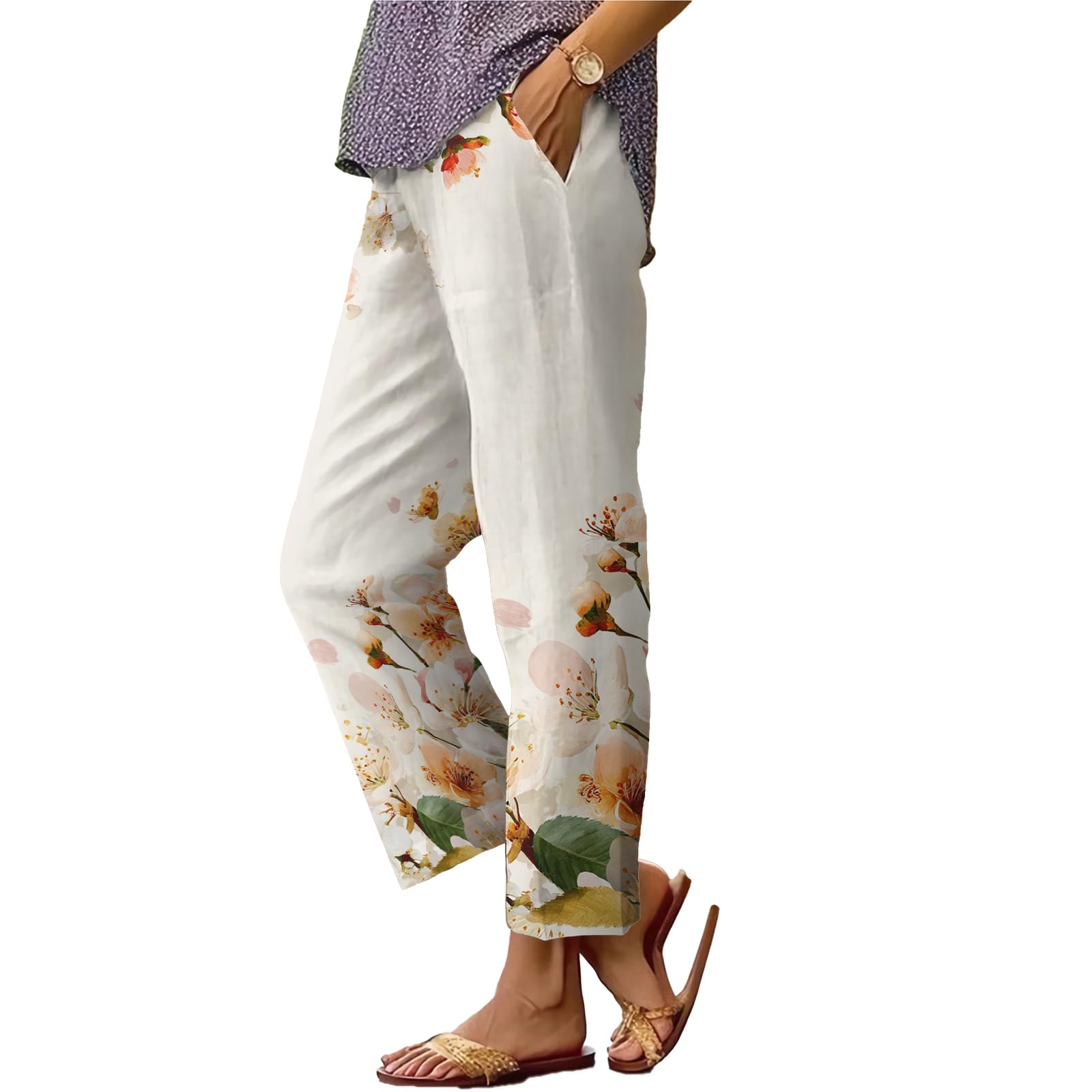 Boho Floral Graphic Pants Womens Summer Casual Straight Legs Pants Lightweight Comfy Elastic Trousers Daily Wear