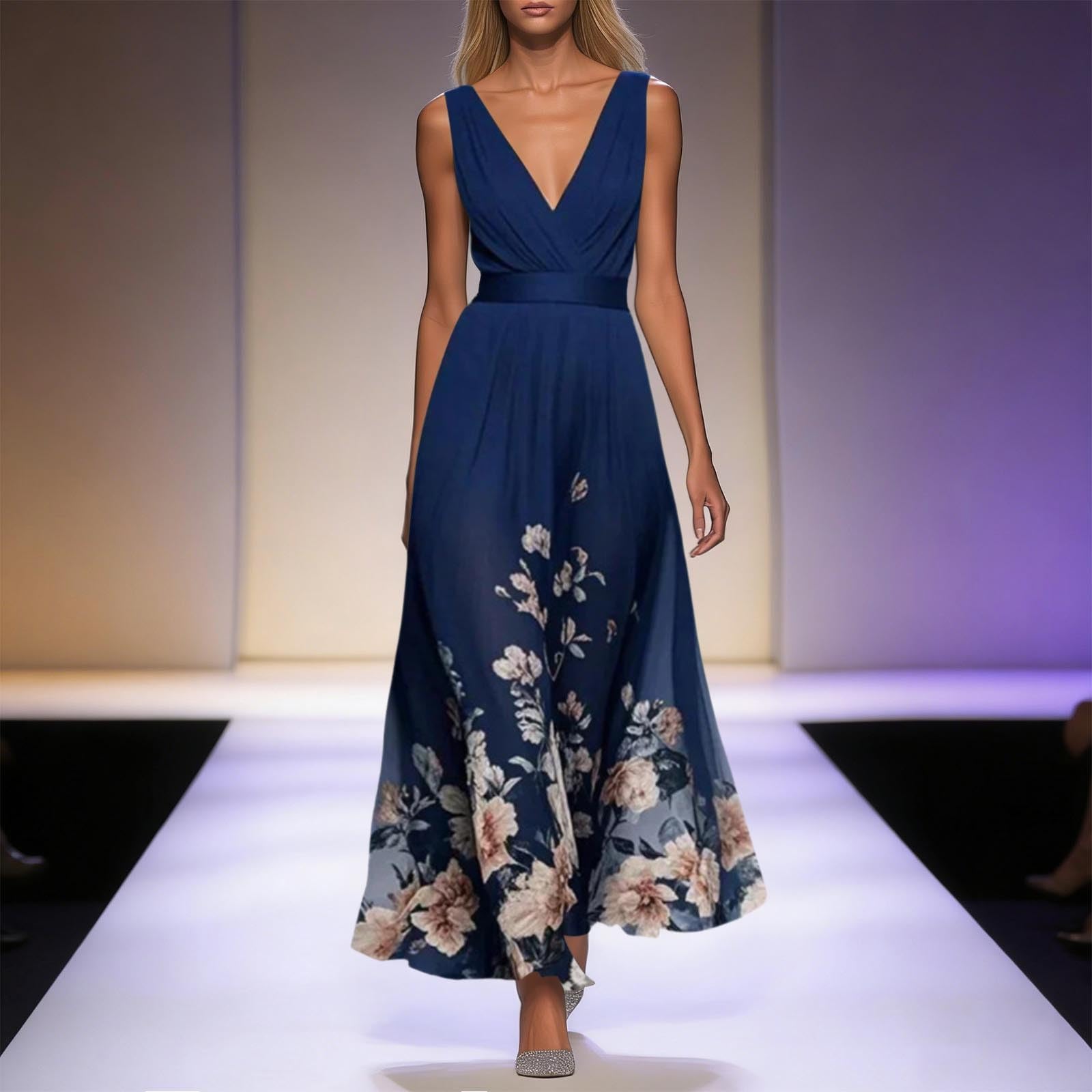 Genérico Vestido Largo Verano Mujer, Vestido Talla Grande Mujer, Vestido Informal De Verano Sin Mangas De Gasa con Cuello En V Y Falda Fluida De Corte A