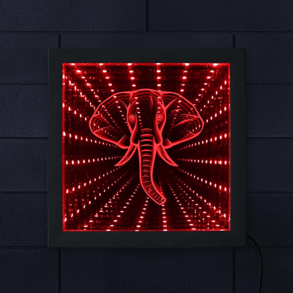 Cute Elephant Infinity Mirror LED Wall Hanging Stunning Tunnel Light African Animal Decor Lighting Wood Frame ( Color : 9 inch )