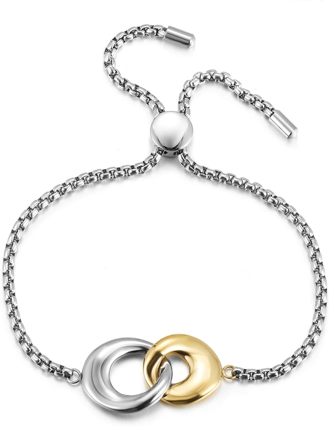 Ciunofor Two Tone Bracelets for Women, Silver Interlocking Circle LInk Charm Bracelet, Gold and Silver Bracelet for Adult, Adjustable Sliding Mixed Metal Jewelry