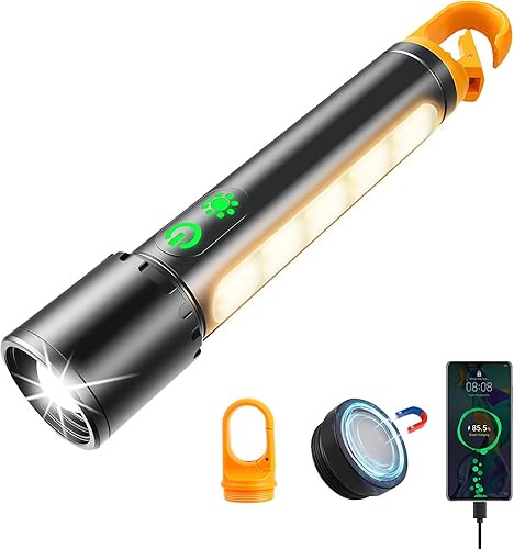 Linterna recargable de 3 fuentes de luz, linternas magnéticas de alto lúmenes, 9 modos con luz de trabajo lateral, funcionamiento de doble