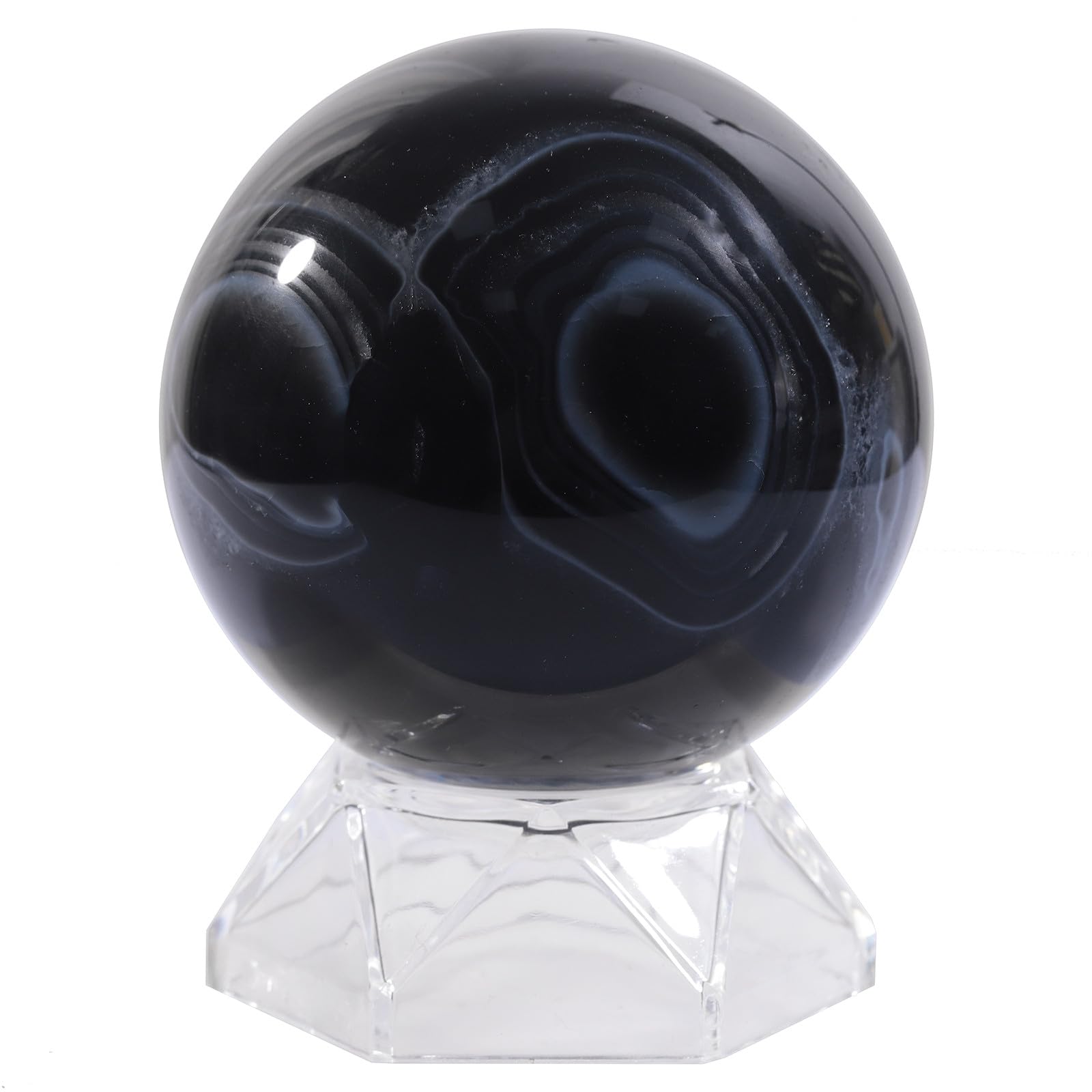 mookaitedecor 61-70mm Striped Black Agate Crystal Ball Sphere Ornament with Stand Rare Crystals and Gemstones for Collecting Black and White Healing Crystal Geode Ball Gift Rock and Mineral Decor