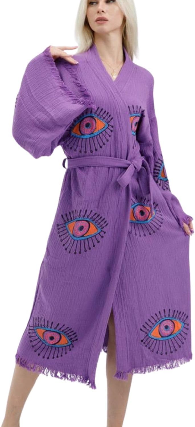 100% Turkish Cotton Evil Eye Kimono Robe – Hand Printed Caftan Beach Cover Up – Boho Festival Kimono for Women