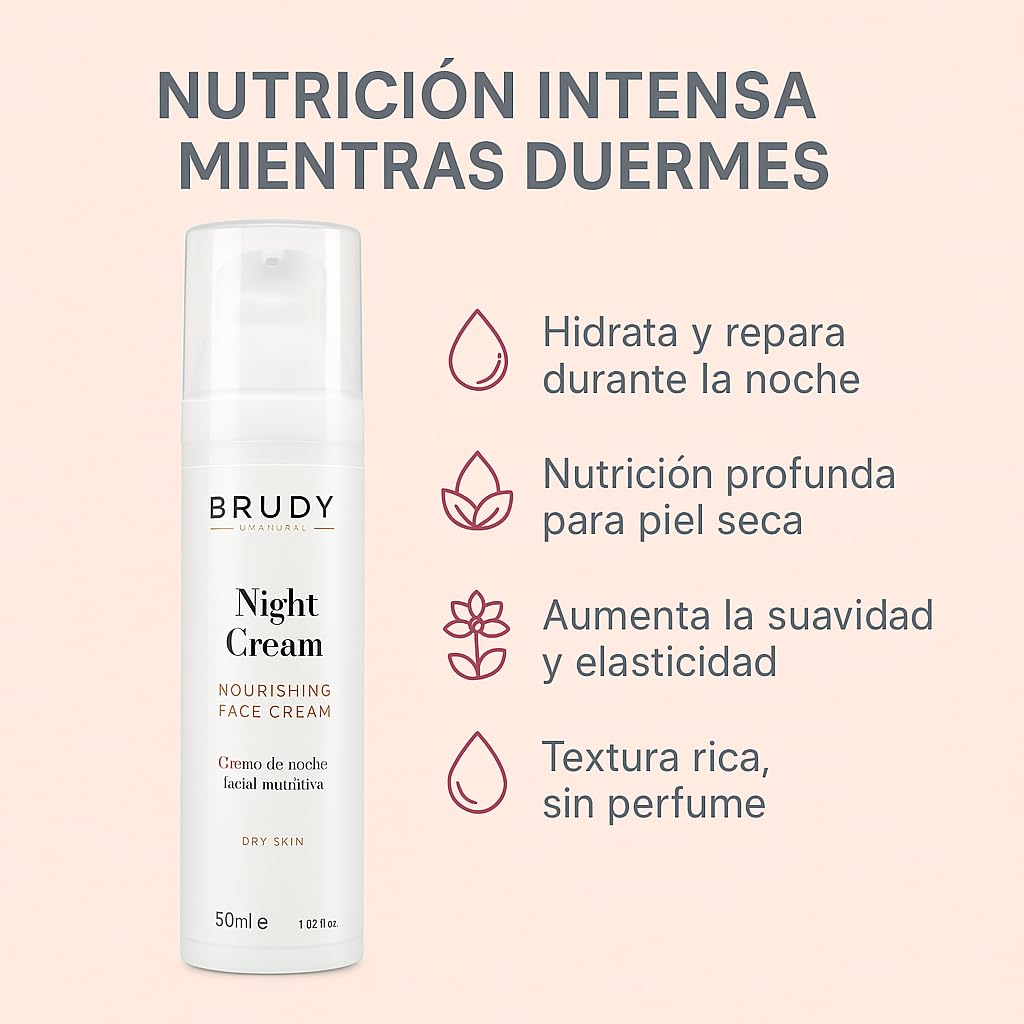 BRUDY COSMETICS - Crema Facial de Noche para Piel Seca – Hidratación y Nutrición Intensiva con Ácido Hialurónico, Neuvachiol y Aceites Vegetales – Rápida Absorción - Vegano - 50 ml