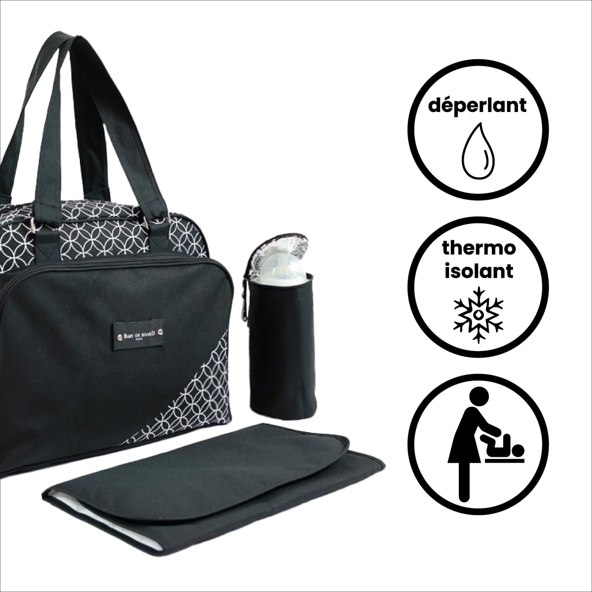 Sac à langer Baby On Board - Simply Star (Noir/Blanc) avec Accessoires Pratiques et Compartiments Multiples