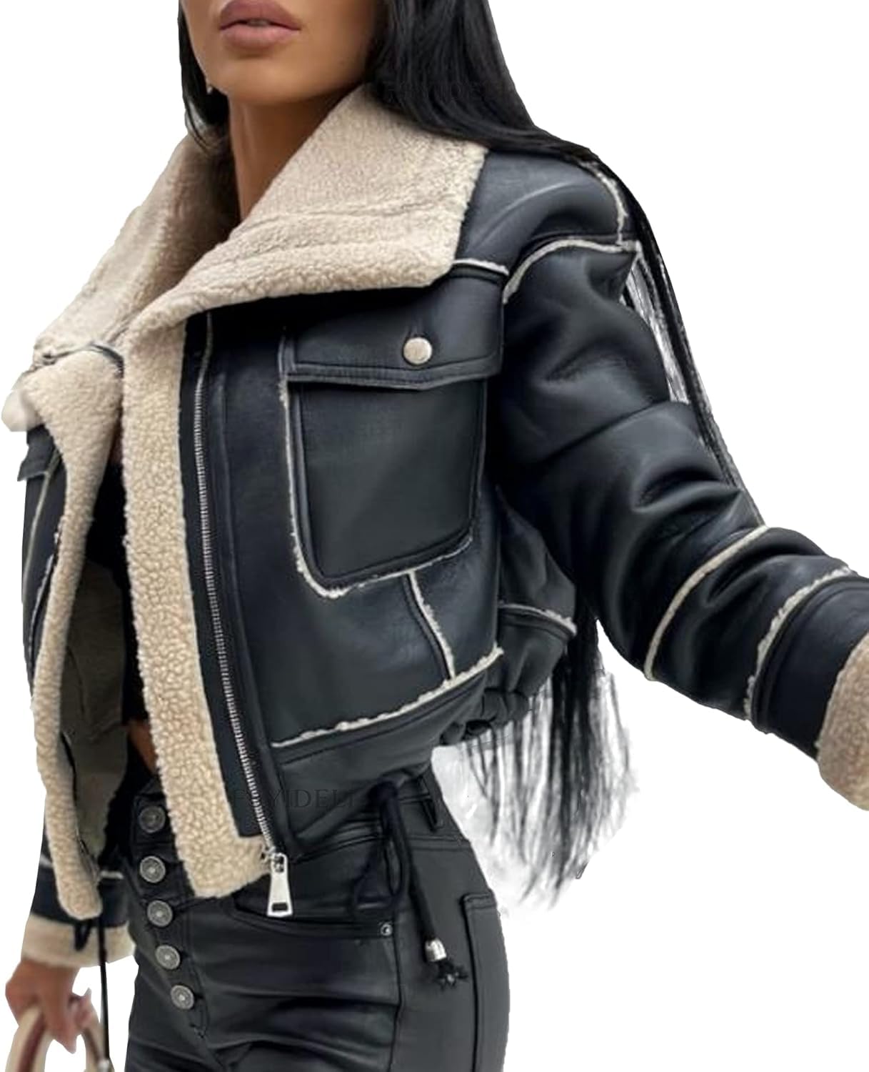 Chaqueta de Bombardero de Moto de Corte sintético para Mujer Abrigo Forrado de Sherpa Abrigo de Cuero de Aviador de Invierno Prendas de Abrigo