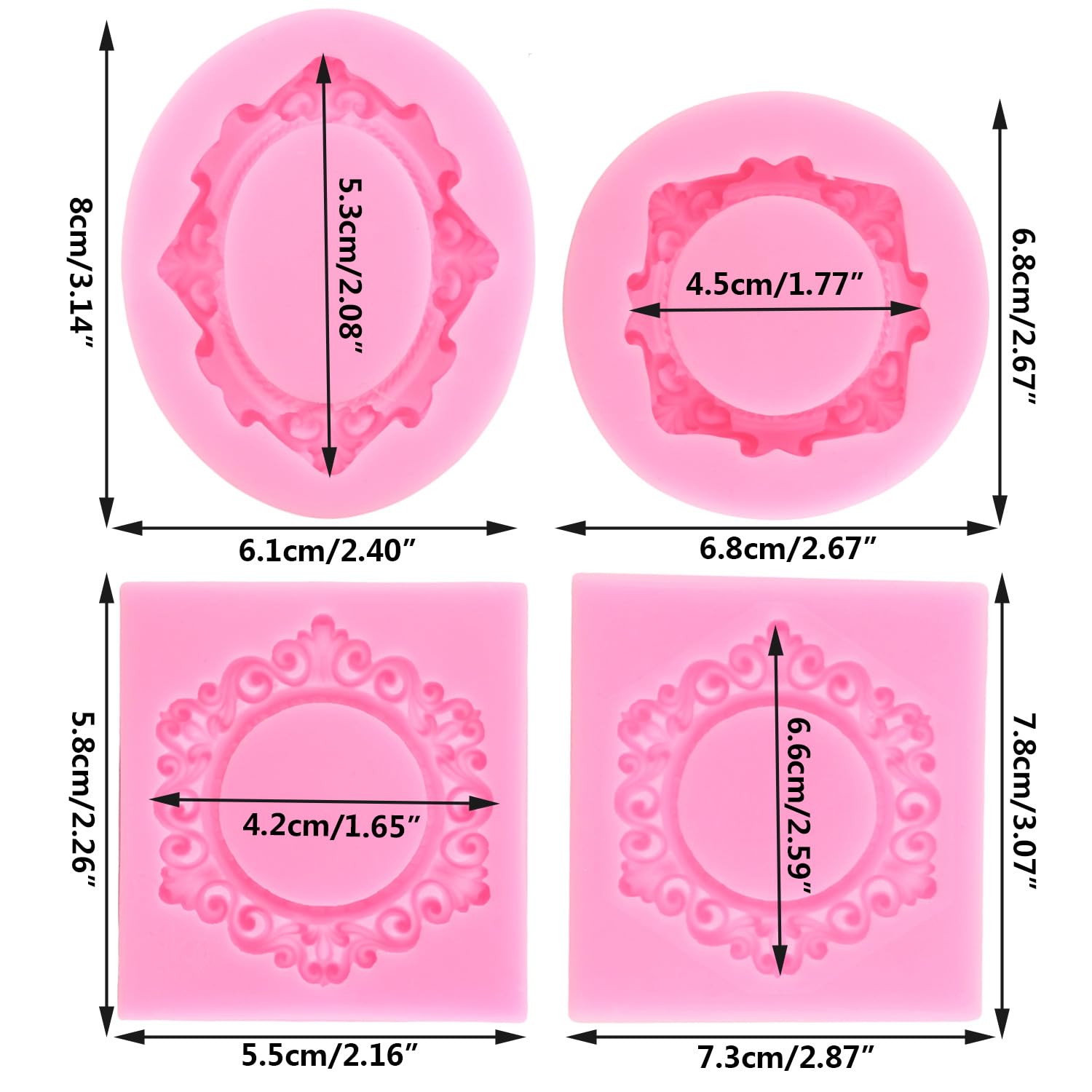 6 Fondantformen Rosa Vintage-Rahmen - 4 Verschiedene Größen Für Kuchen-Deko