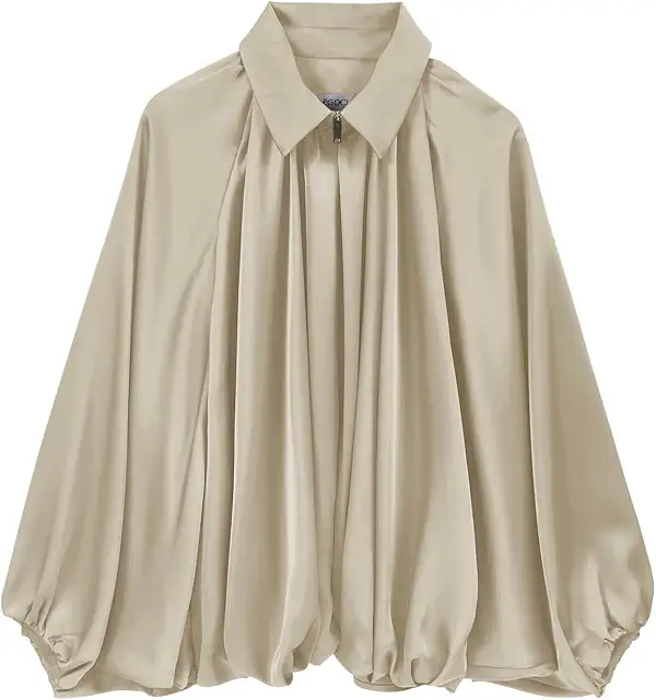 Women's Satin Puffed Bomber Jacket with Batwing Sleeves & Lapel Collar