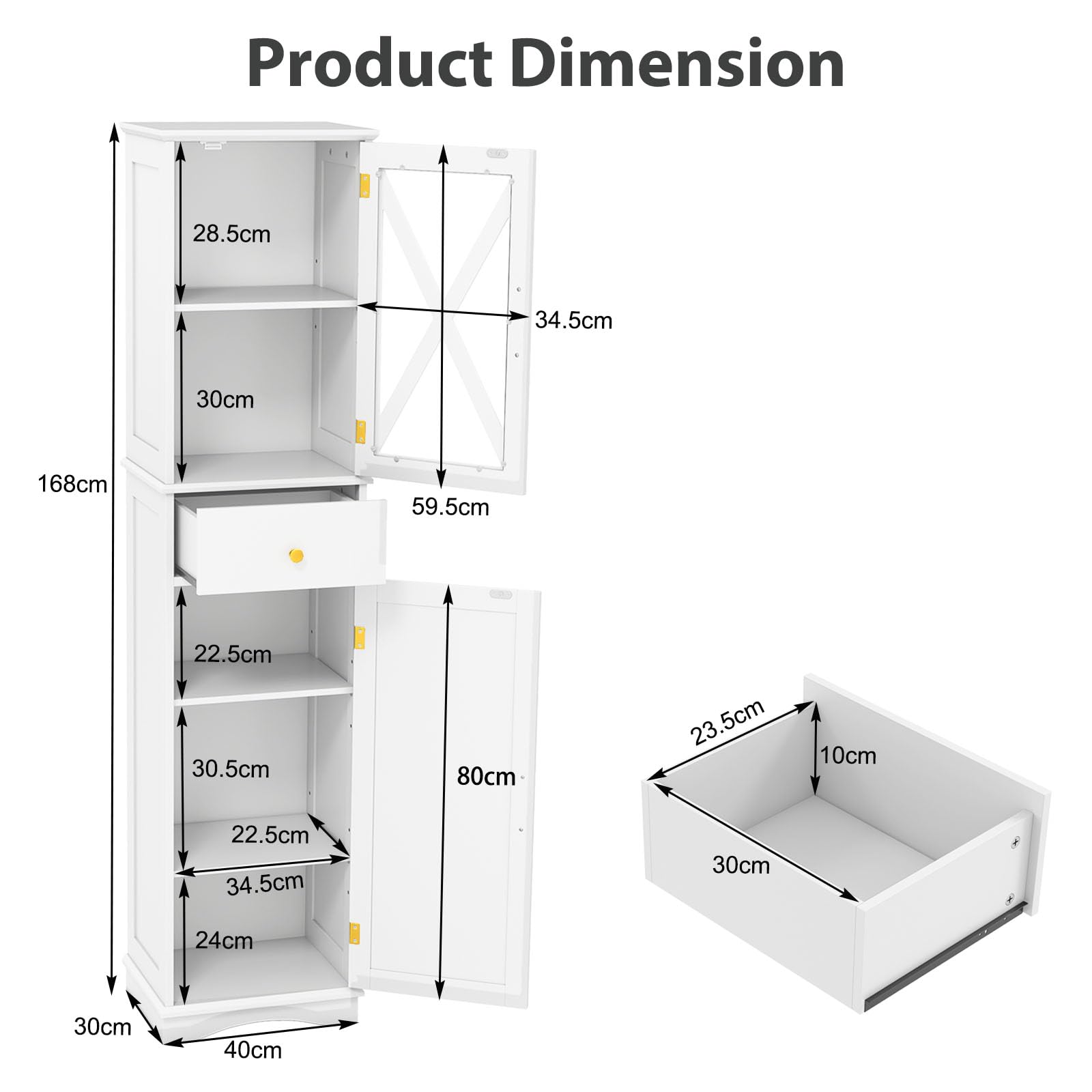 LIFEZEAL Armoire Haute autoportante avec 2 tiroirs et Portes, Armoire de Salle de Bain étroite avec étagère réglable, Meuble de Sol pour Salle de Bain, Salon, Cuisine, 40 x 30 x 168 cm (Blanc)