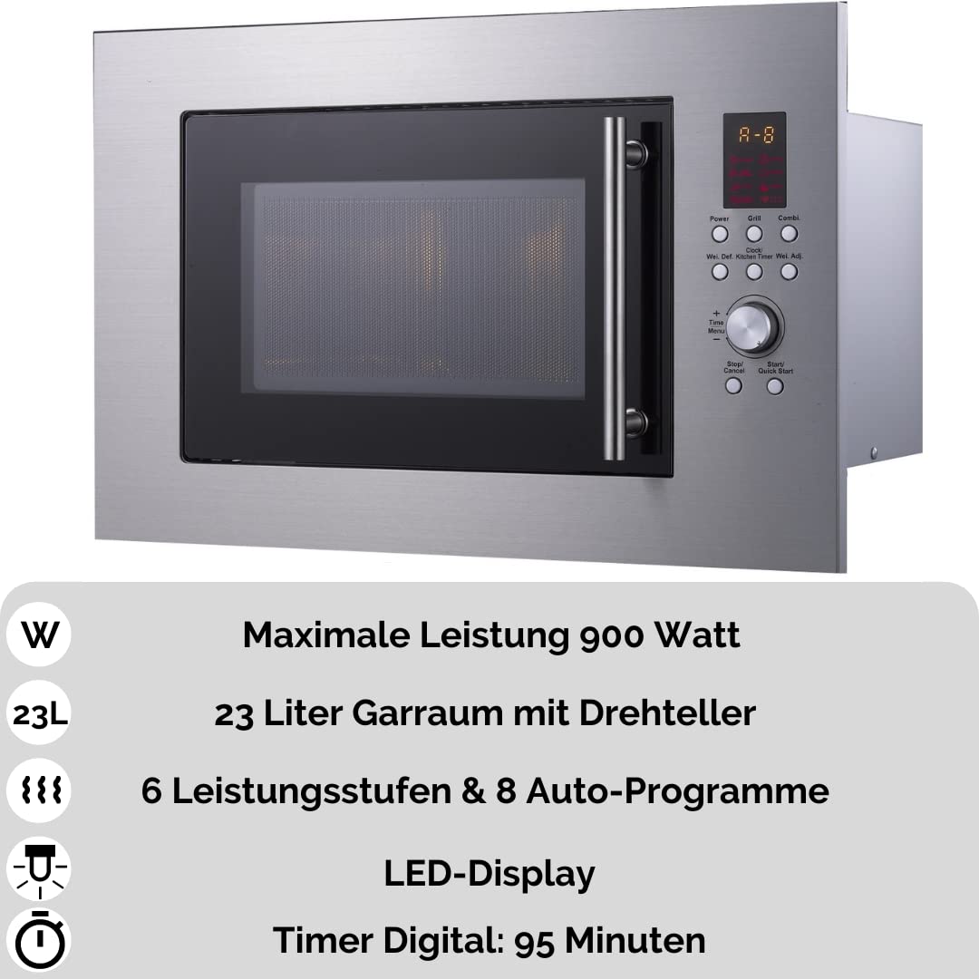 PKM Einbau-Mikrowelle MW900-23G-IN I 900W Mikrowellenleistung I 23L Garraum I 6 Leistungsstufen I 8 Garprogramme IAuftaufunktion I Metall-Gehäuse I Drehteller (24,5cm) I LED-Display I Silber