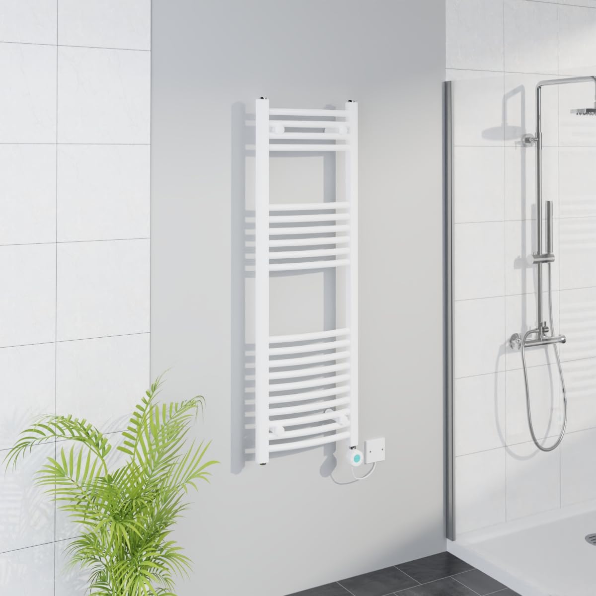 Warmehaus White Smart Wifi Thermostatic Electric Bathroom Curved Heated Towel Rail Warmer Radiator With Timer 1200X400mm