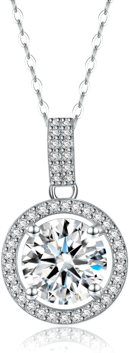 SecreTalk 1-4CT Moissanite Pendant Necklace for Women, Halo Round 925 Sterling Silver Necklace Gift for Wife Mother Her