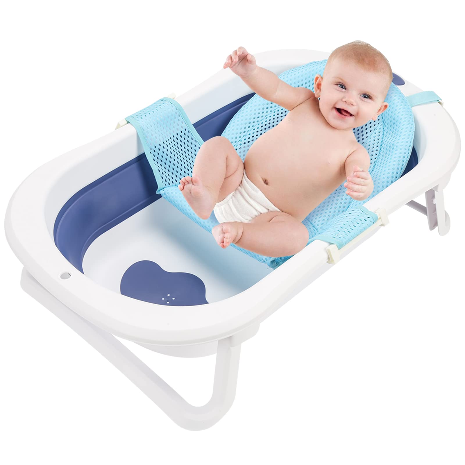 Baby Badewanne - Faltbar, Klappbar mit Thermometer und Badematte - Rutschfeste Babybadewanne für Neugeborene 0-6 Jahre, Blau