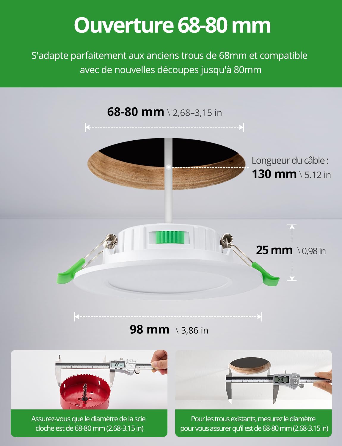 HOMEOW Spots de Plafond Extra Plat 5W, Trou 68mm - 80mm Spot LED Encastrable Salle de Bain, Blanc Chaud 2700K Neutre 4000K Froid 6000K Reglable, IP44 Etanche, Lot de 6