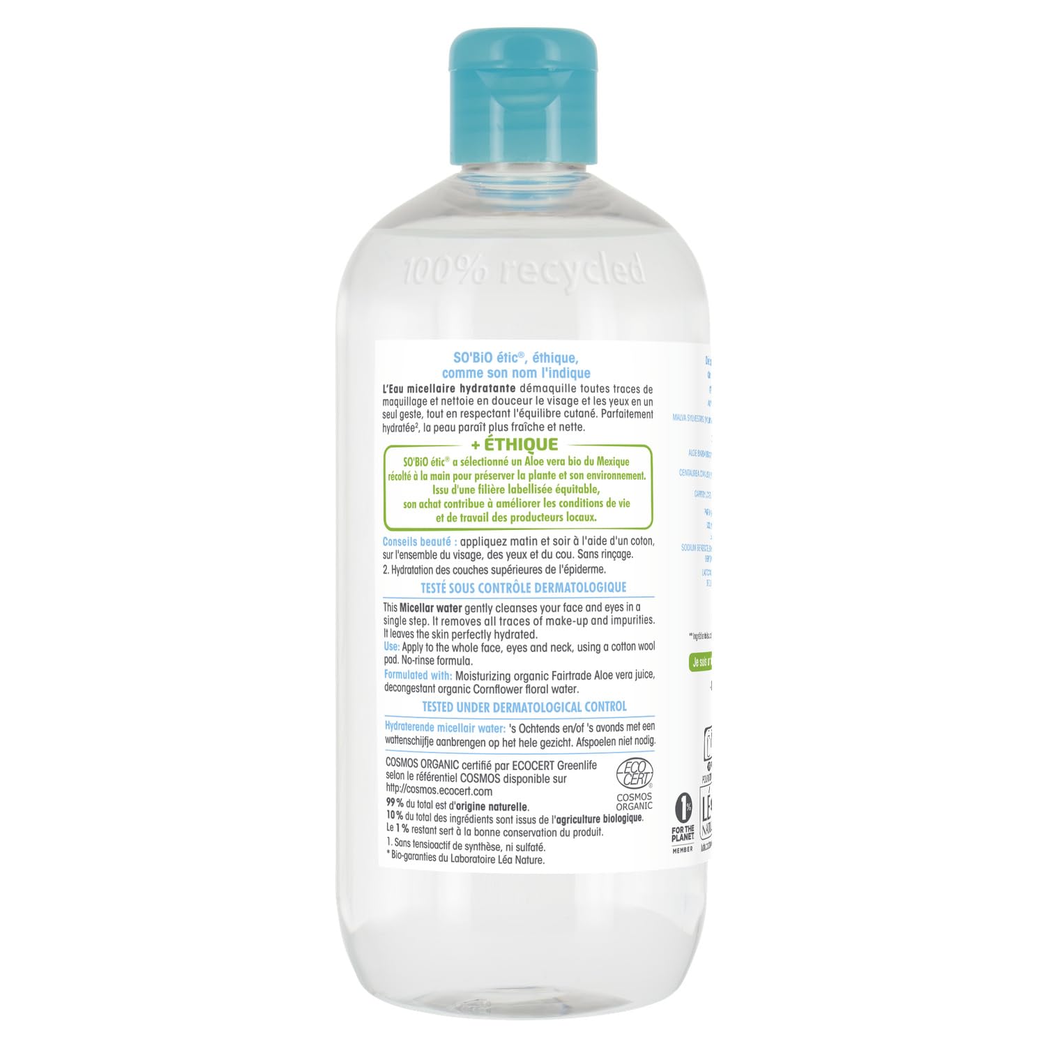 SO'BIO ÉTIC Eau Micellaire Hydratante au Jus d'Aloe Vera Bio et Bleuet - Nettoyant Visage et Yeux - Format 500 ml - Flacon en Plastique Recyclé - Pour Tous Types de Peaux - Fabriqué en France
