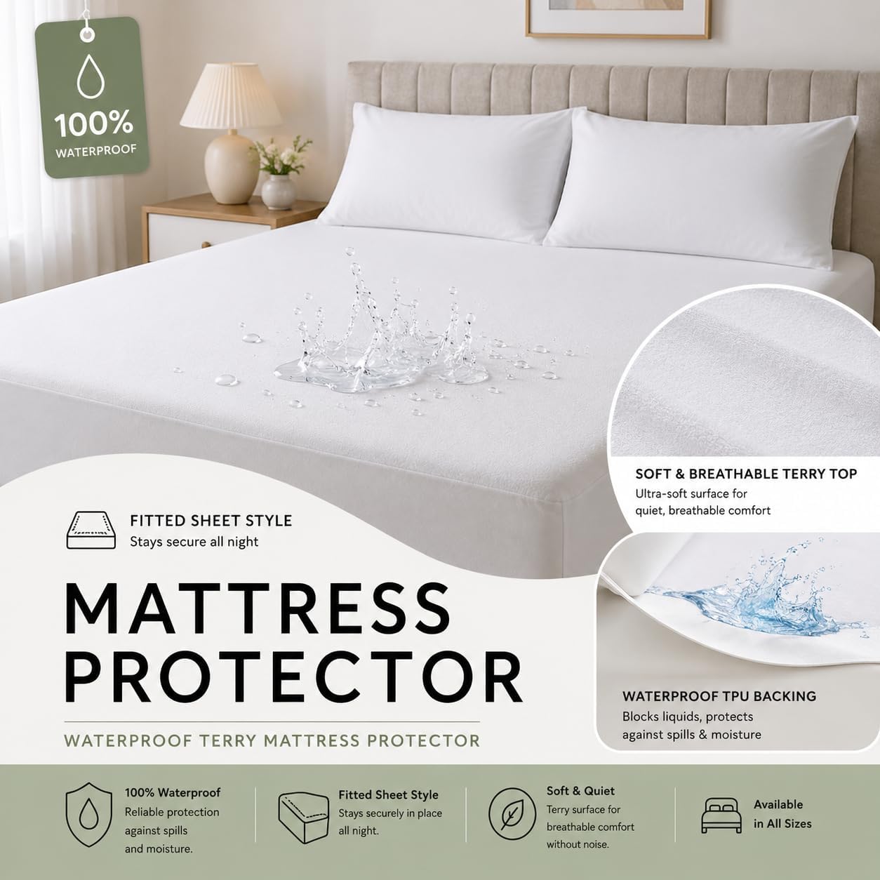Full Waterproof Mattress Protector 12" Deep, Terry Cotton, White