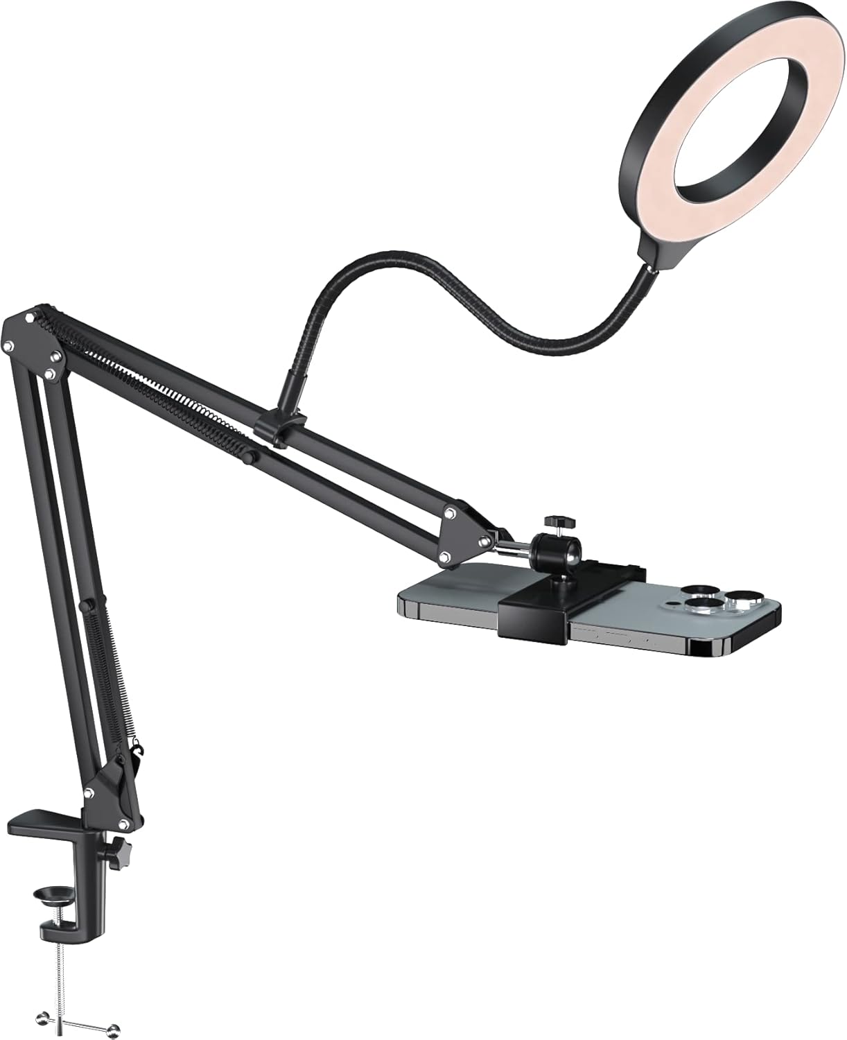 Overhead Phone Camera Mount with Ring Light,Adjustable Suspension Boom Scissor Arm Stand,Compatible with iPhone Webcam Camera for Live Stream/Video Recording/Lighting/Photography/Makeup