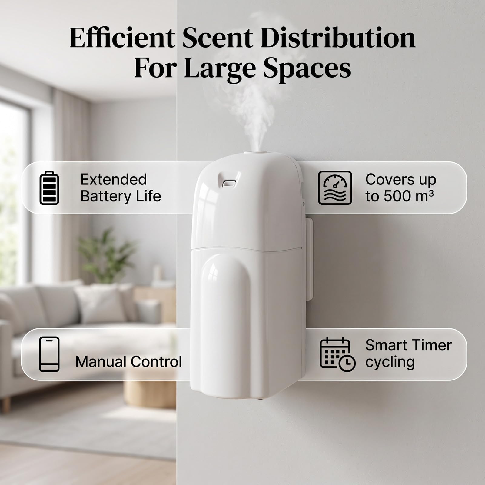 Diffusore di Aromaterapia a Parete, 500 Metri Cubi | BT, Plastica, 200 Ml, 2 W a Basso Consumo, Presa USB o Funzionamento a Batteria, Timer di Ciclo Intelligente Grandi Stanze