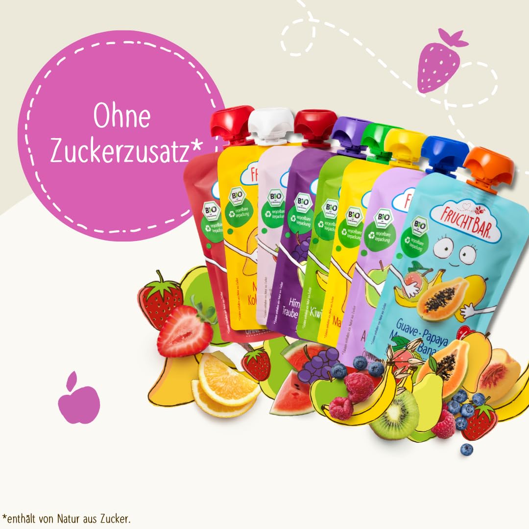 FruchtBar Bio Quetschie Sommer Set - 64x 100g Fruchtpüree im Quetschbeutel für Babys & Kinder ab 6 Monaten - Ohne Zucker, 100% Bio-Früchte