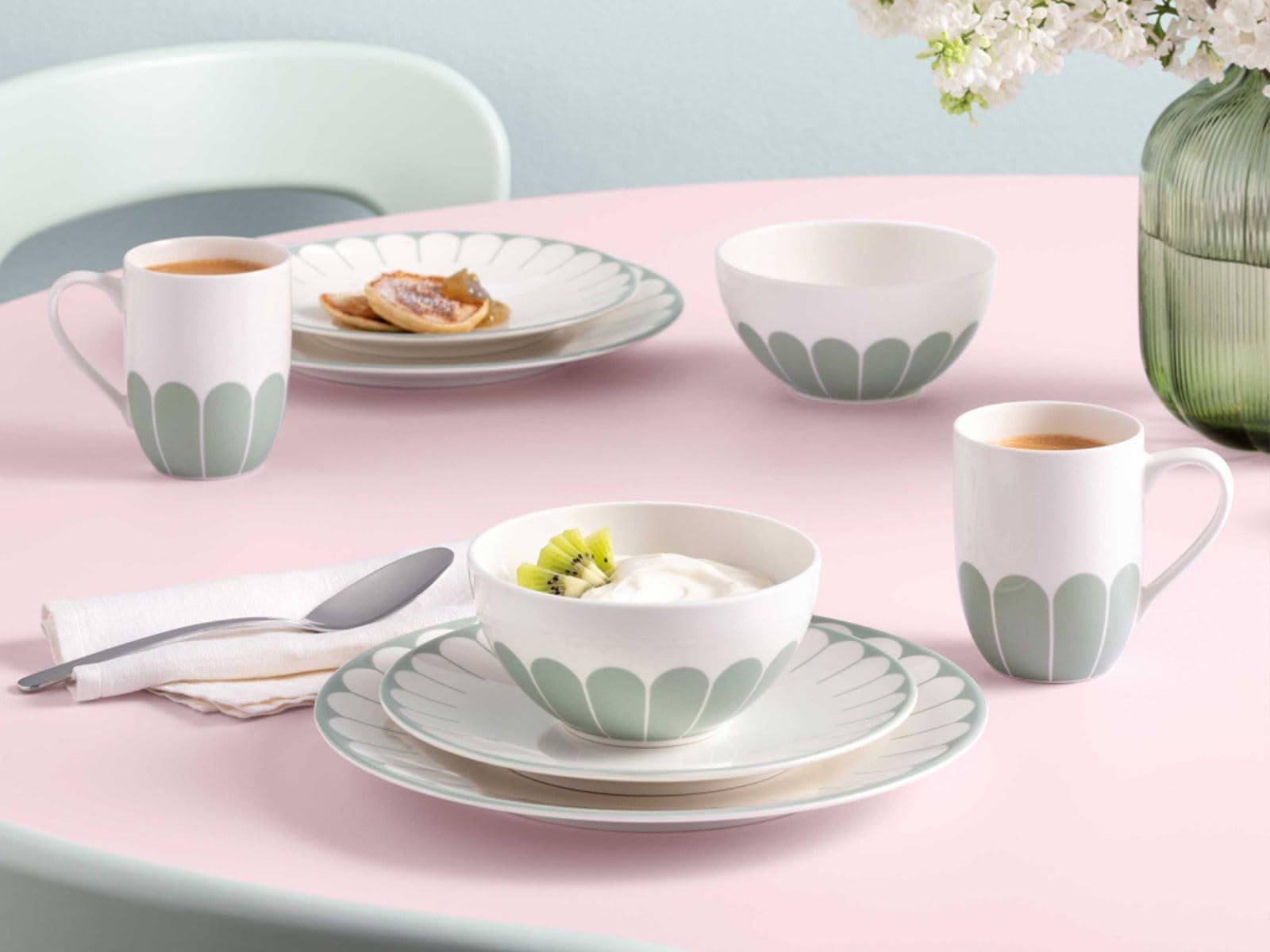 Villeroy & Boch - Fleur Vert zestaw 6 talerzy obiadowych, 27 cm, porcelanowe talerze do dań głównych, duży talerz, talerze obiadowe z możliwością układania w stos, nadają się do mycia w zmywarce i