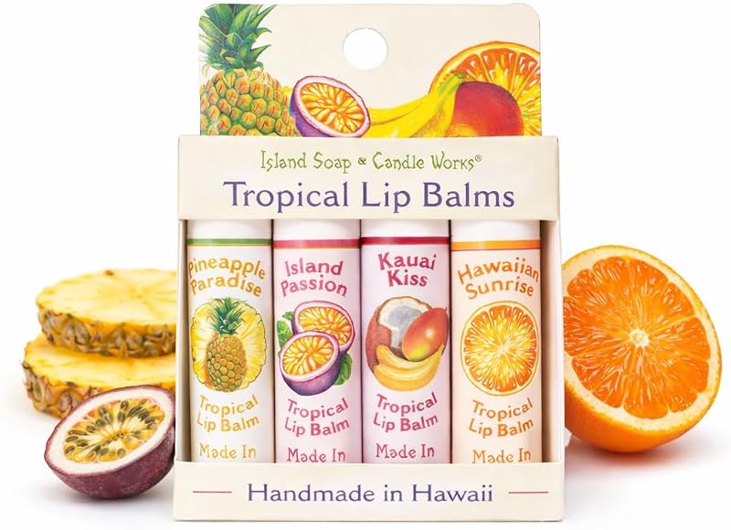 Island Soap & Candle Works Bálsamo Labial Tropical em Bastão – Sabores Sortidos – Pacote com 4