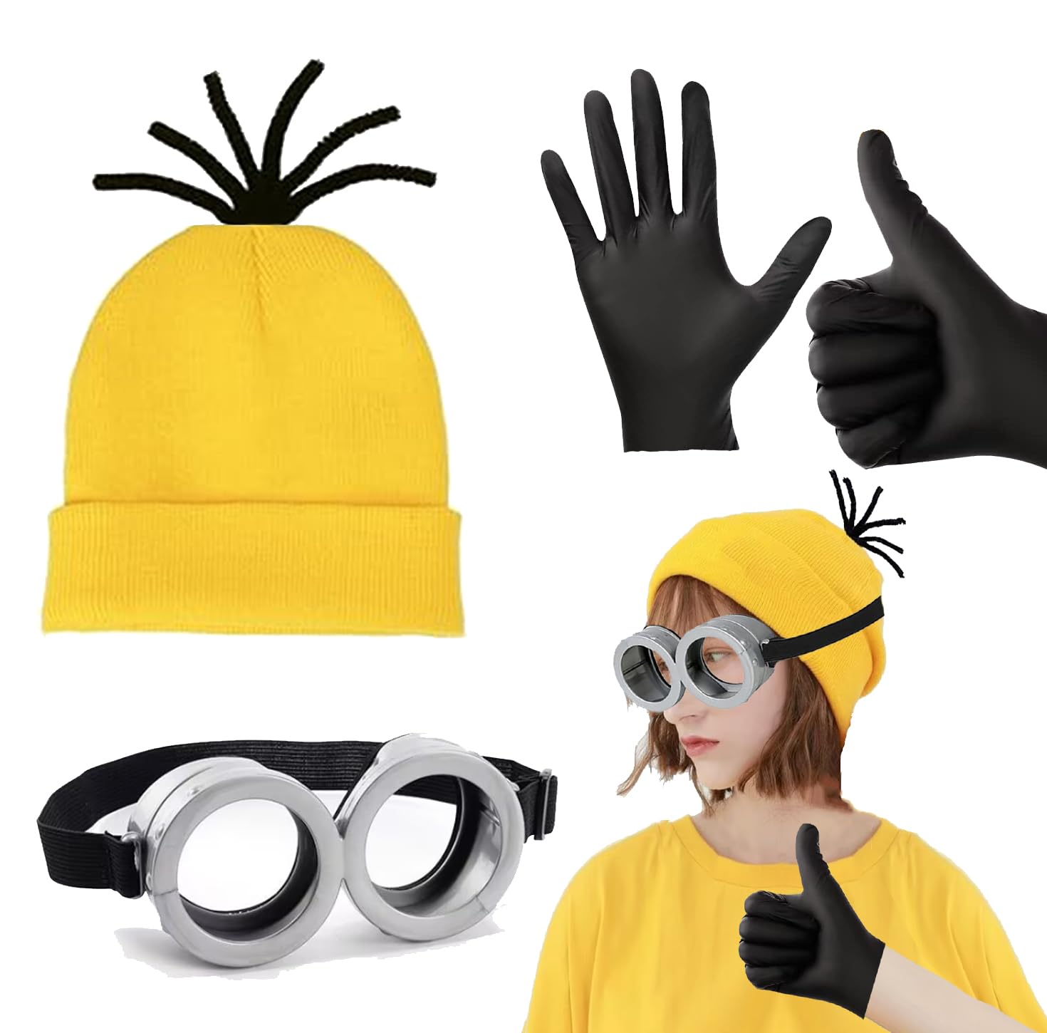 AtvscayCartoon Party Costume Kit: Yellow Beanie Hat, Goggles, Gloves, Suspenders