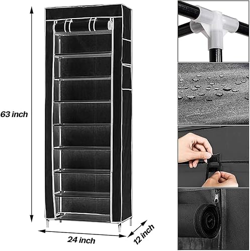 Miniatura 2 de Mekek Zapatero negro estante para zapatos de pie de 9 niveles organizador de zapatos portátil torre para armario con cubierta de tela no tejida negro