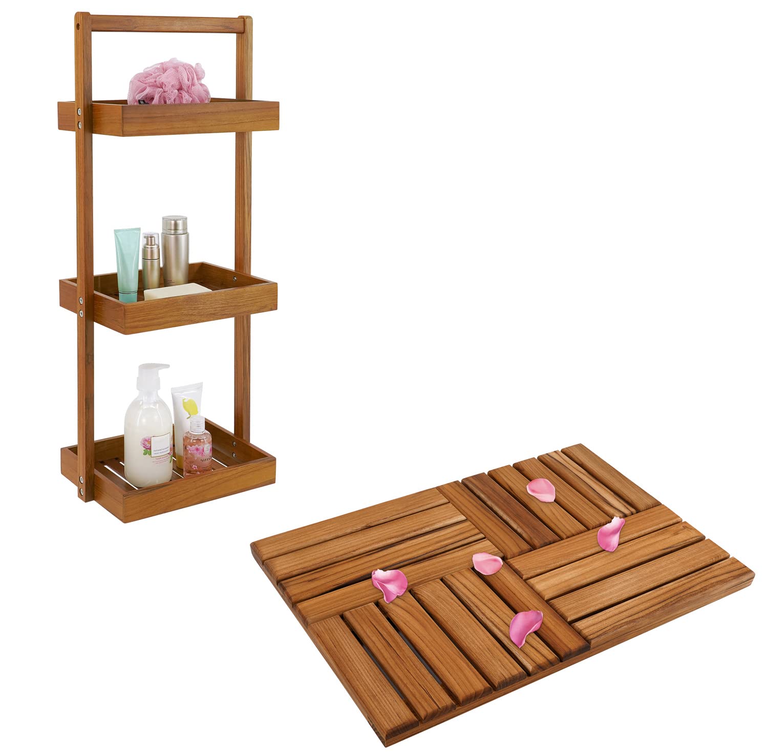 Utoplike Teak Wood Shower Caddy Corner 3 Tier Standing Shower Organizer and 24 x 16 inch Teak Wood