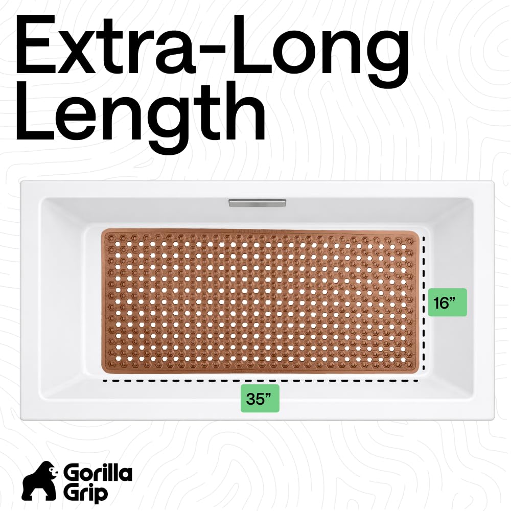Gorilla Grip Patented Bath Tub Shower Mat, 35x16 Washable Bathtub Floor Mats, Suction Cups and Drain Holes to Keep Tubs Clean, Brown