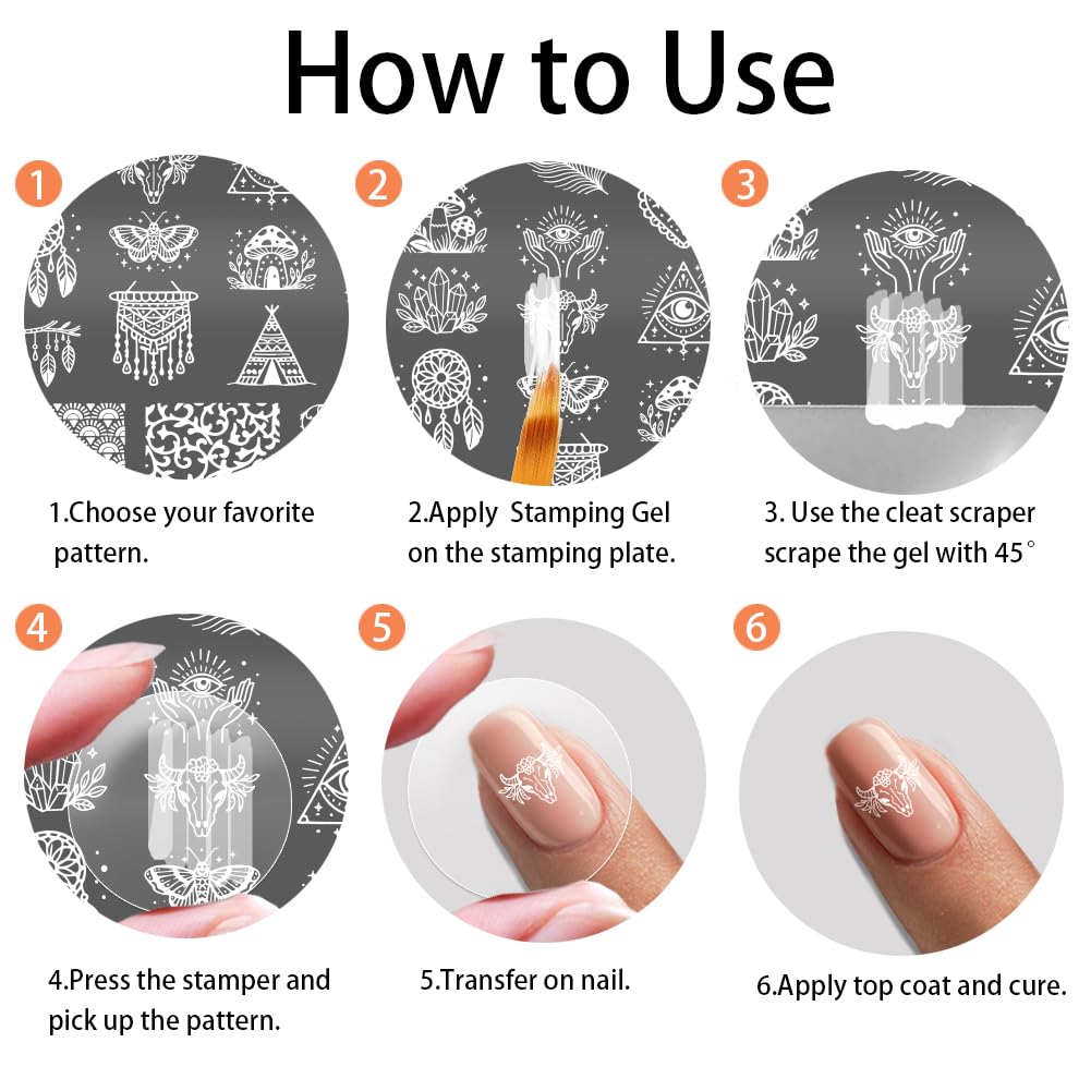 PH PandaHall Set di 3 stencil per nail art, stile bohémien, acchiappasogni, piume, cristalli, luna, stella, unghie, stampini, fiori, foglie, stampini per unghie, per donne, fai da te, manicure, design