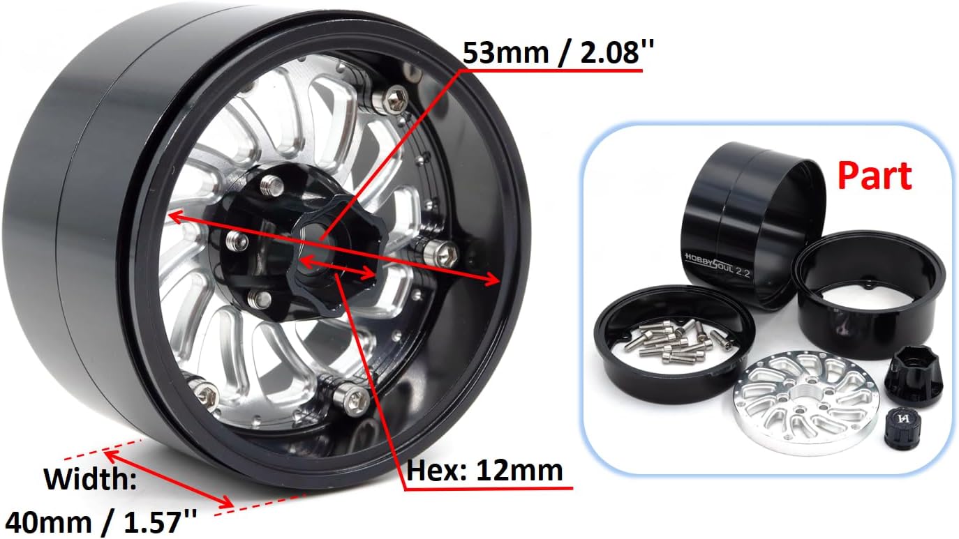 HOBBYSOUL 2.2 Beadlock Wheels Adjustable 3 Offset Rims Wide 40mm for RC 1/10 Crawler SCX10 Capra TRX4 Gen8 Everest gen 7 Pro Upgrades, HS701577