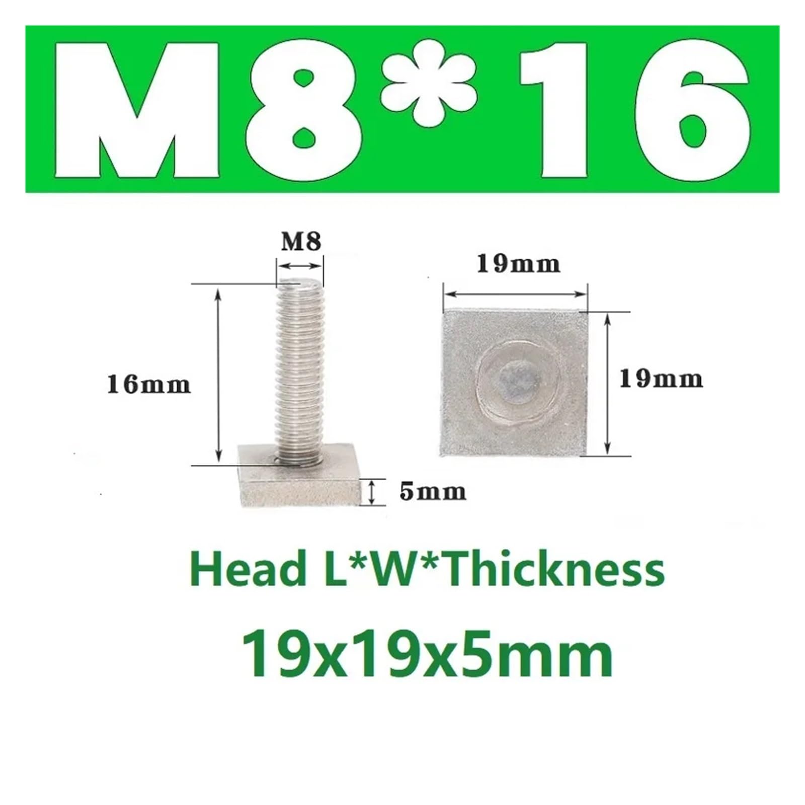 Stahl-T-förmige Schienenbefestigungsschrauben M6, M8, M10 mit Vierkantkopf, Länge 16 bis 50 mm, Edelstahl 304(L25xW25xThick3mm)