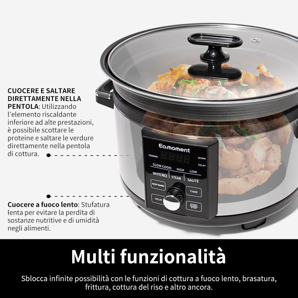 Olla de cocción lenta programable de 5L con temporizador, olla eléctrica multi-cocción 4 en 1,COCCIÓN LENTA ALTA/COCCIÓN LENTA BAJA/ARROZ BLANCO/CIERRE AL VAPOR/AGITAR/ALARMA/DELAY
