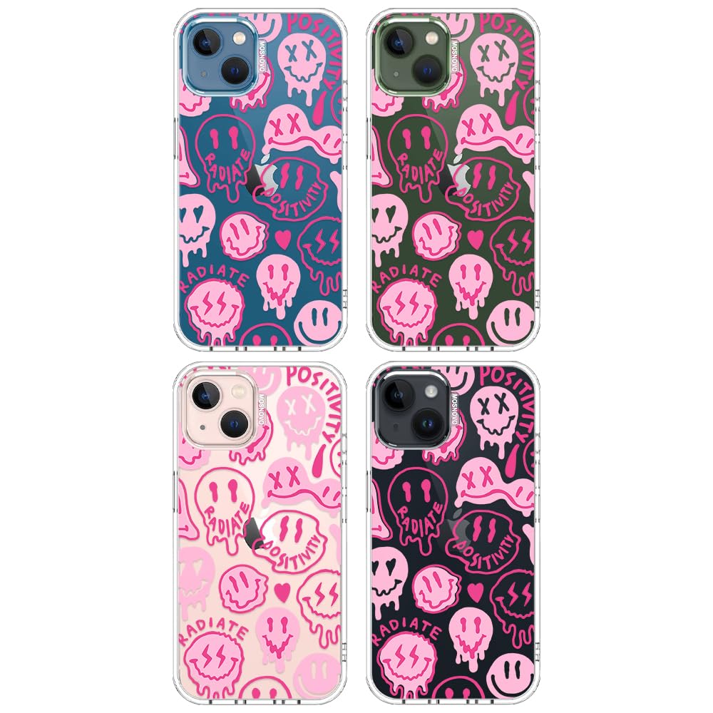 MOSNOVO Coque pour iPhone 13 / iPhone 14, [Protection de Qualité Militaire 2m] [Technologie Anti-Décollage] Coque Transparente Antichoc en TPU avec Design - Sourires Roses Dégoulinants - 4