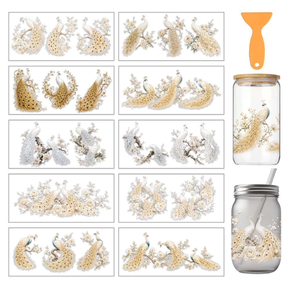 arricraft 10 Sheets Peacock Theme UV DTF Cup Wrap for 16OZ Glass, Vintage Golden Peacock Floral Rub on Decals PVC Transfer Stickers for DIY Cups Window Home Printing Decoration 24x11cm/9.4x4.3inch