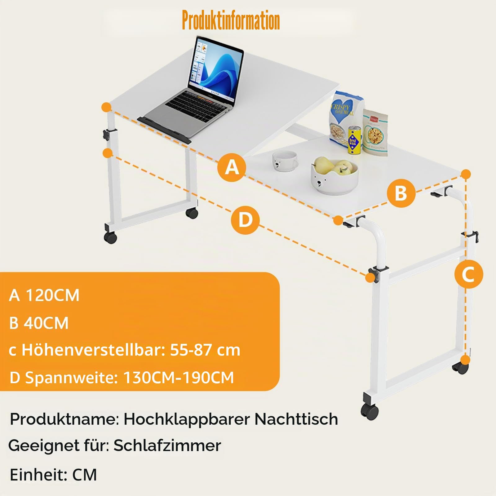 Überbetttisch Mit Rollen, Betttisch Verstellbarer Höhe Länge Mobiler Schreibtisch Über-Betttisch Beistelltische Fürs Wohnzimmer Drehbarer Laptopständer Für Bett Sofa Büro 120 * 40CM Weiß
